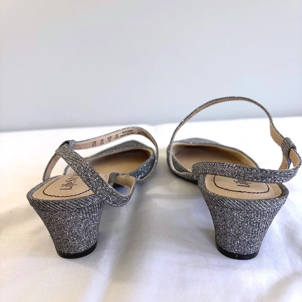 LifeStride Silver Glitter Slingback Block Heel Pointed Toe Shoes 9W Minimalist